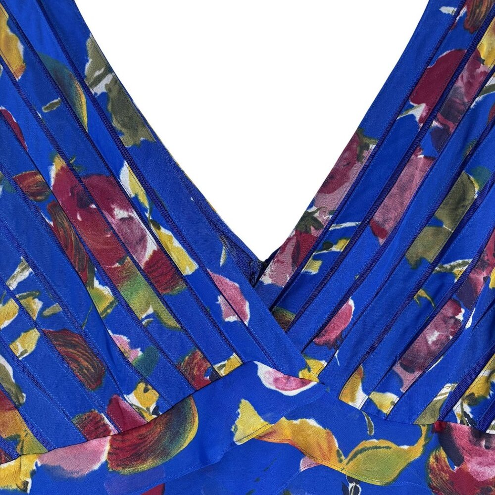 Floral Tiered Blue Sleeveless V-Neck Dress, Ruffled Layers,  Multicolor Print - Picture 3 of 13